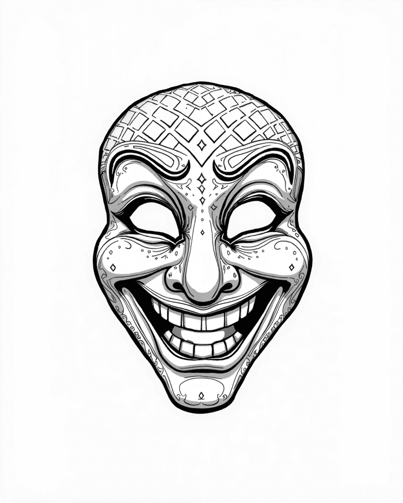 Arlecchino mask illustration — theatrical character mask with geometric patterns