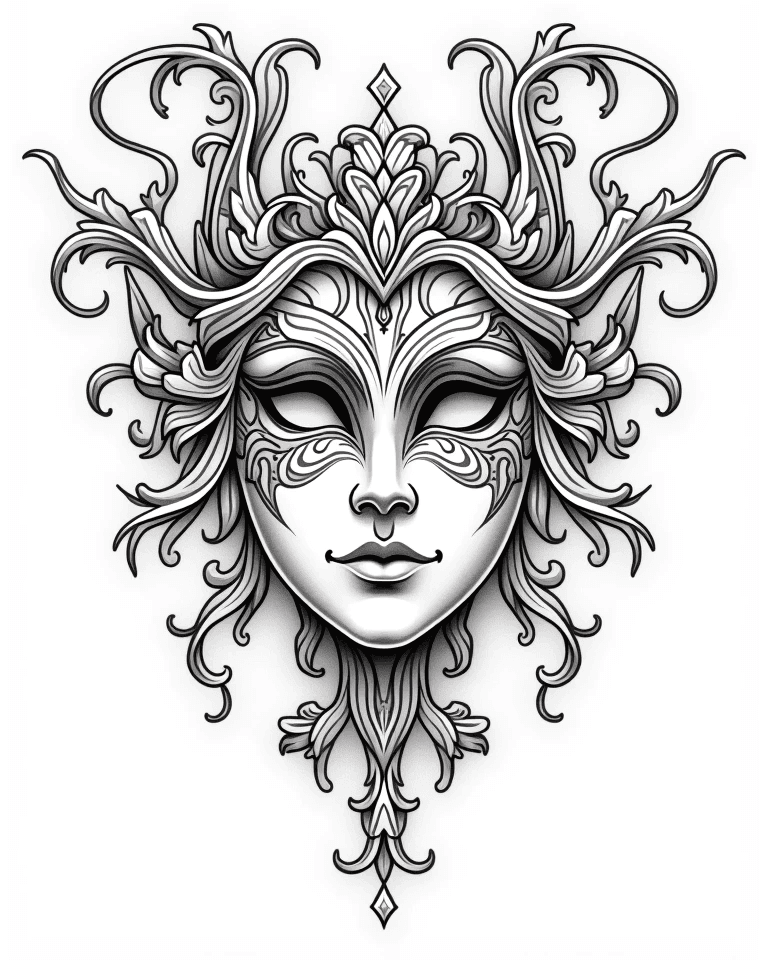 Volto mask illustration — dramatic mask with swirling ornamental patterns