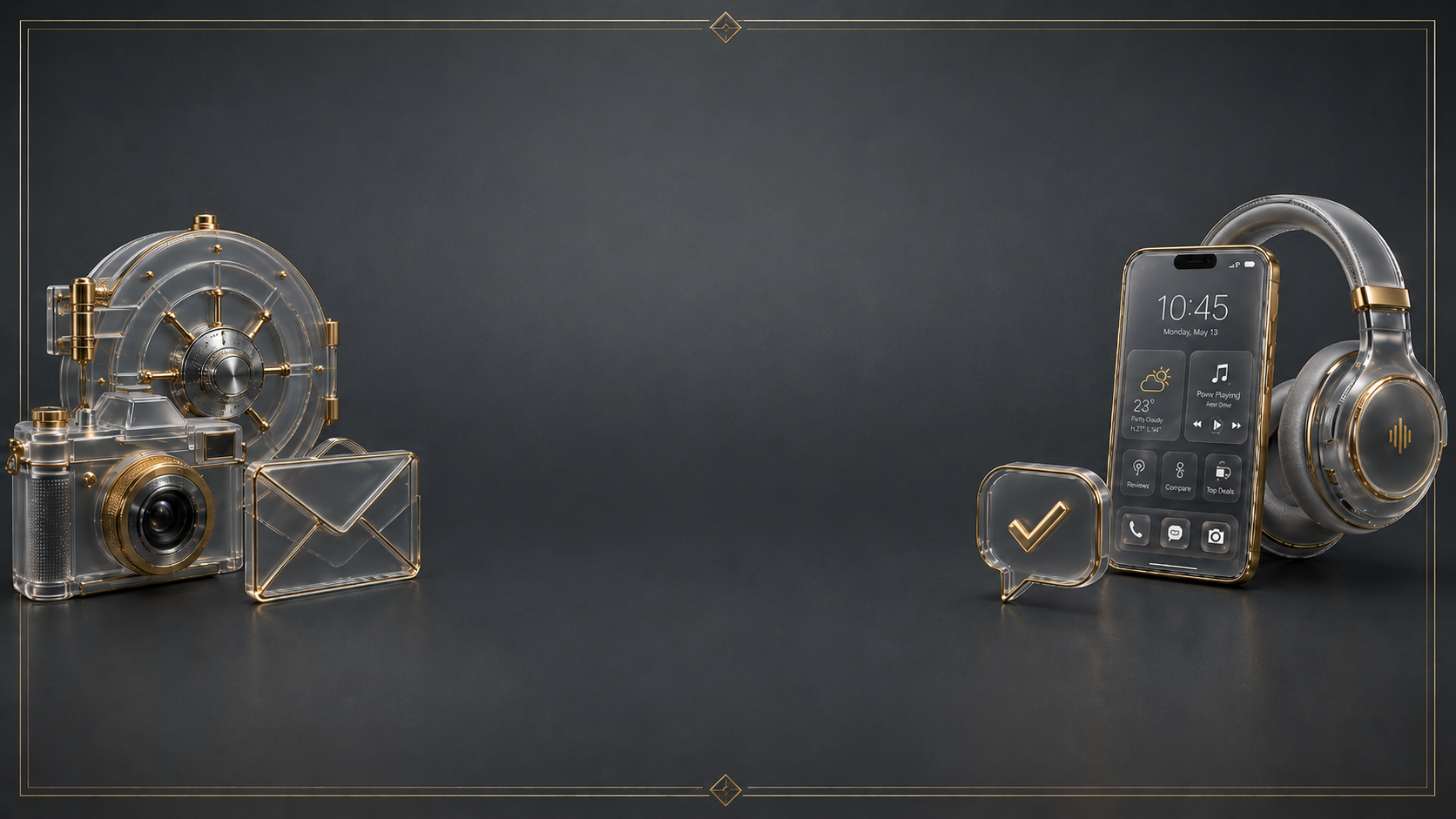 3D glass-and-gold product icons — camera, vault, envelope, phone, headphones — arranged for review