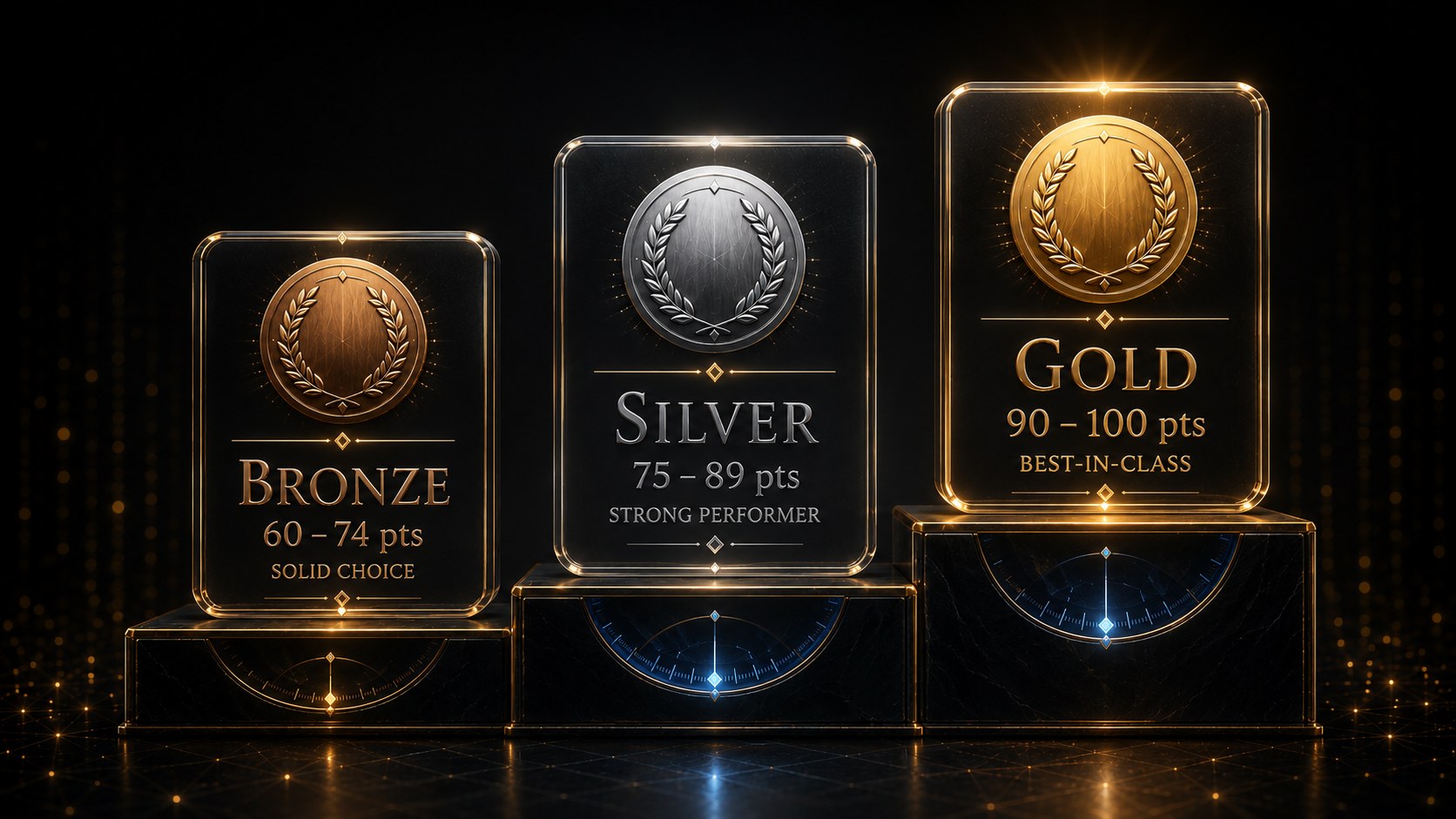 How we rank: Bronze 60–74 pts Solid Choice · Silver 75–89 pts Strong Performer · Gold 90–100 pts Best-in-Class